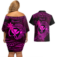 Hawaii Couples Matching Off Shoulder Short Dress and Hawaiian Shirt Hammerhead Shark Tattoo Mix Polynesian Plumeria Pink Version - Wonder Print Shop