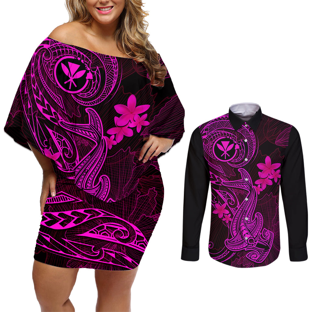 Hawaii Couples Matching Off Shoulder Short Dress and Long Sleeve Button Shirts Hammerhead Shark Tattoo Mix Polynesian Plumeria Pink Version - Wonder Print Shop
