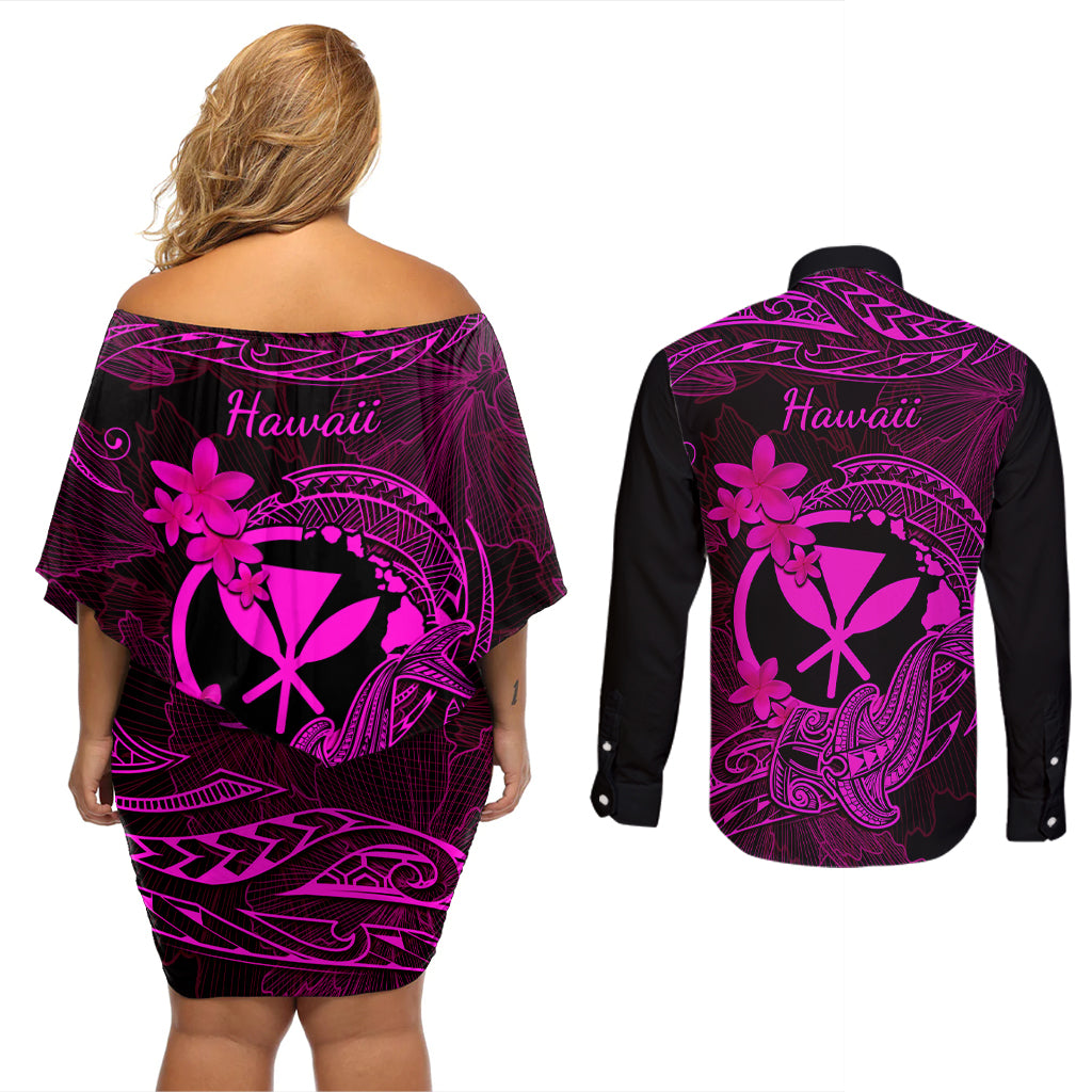 Hawaii Couples Matching Off Shoulder Short Dress and Long Sleeve Button Shirts Hammerhead Shark Tattoo Mix Polynesian Plumeria Pink Version - Wonder Print Shop