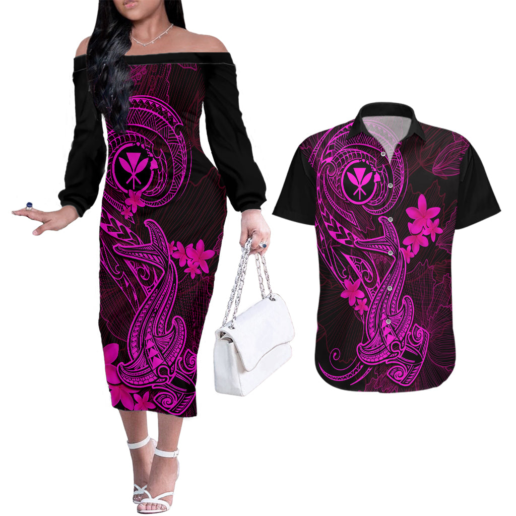 Hawaii Couples Matching Off The Shoulder Long Sleeve Dress and Hawaiian Shirt Hammerhead Shark Tattoo Mix Polynesian Plumeria Pink Version - Wonder Print Shop