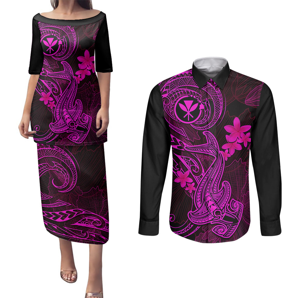Hawaii Couples Matching Puletasi Dress and Long Sleeve Button Shirts Hammerhead Shark Tattoo Mix Polynesian Plumeria Pink Version - Wonder Print Shop