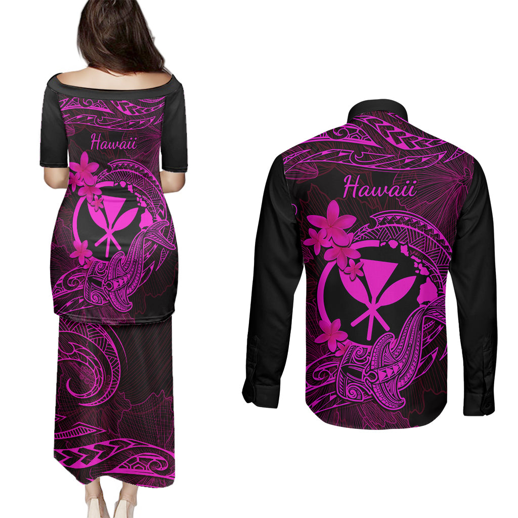 Hawaii Couples Matching Puletasi Dress and Long Sleeve Button Shirts Hammerhead Shark Tattoo Mix Polynesian Plumeria Pink Version - Wonder Print Shop