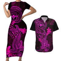 Hawaii Couples Matching Short Sleeve Bodycon Dress and Hawaiian Shirt Hammerhead Shark Tattoo Mix Polynesian Plumeria Pink Version - Wonder Print Shop
