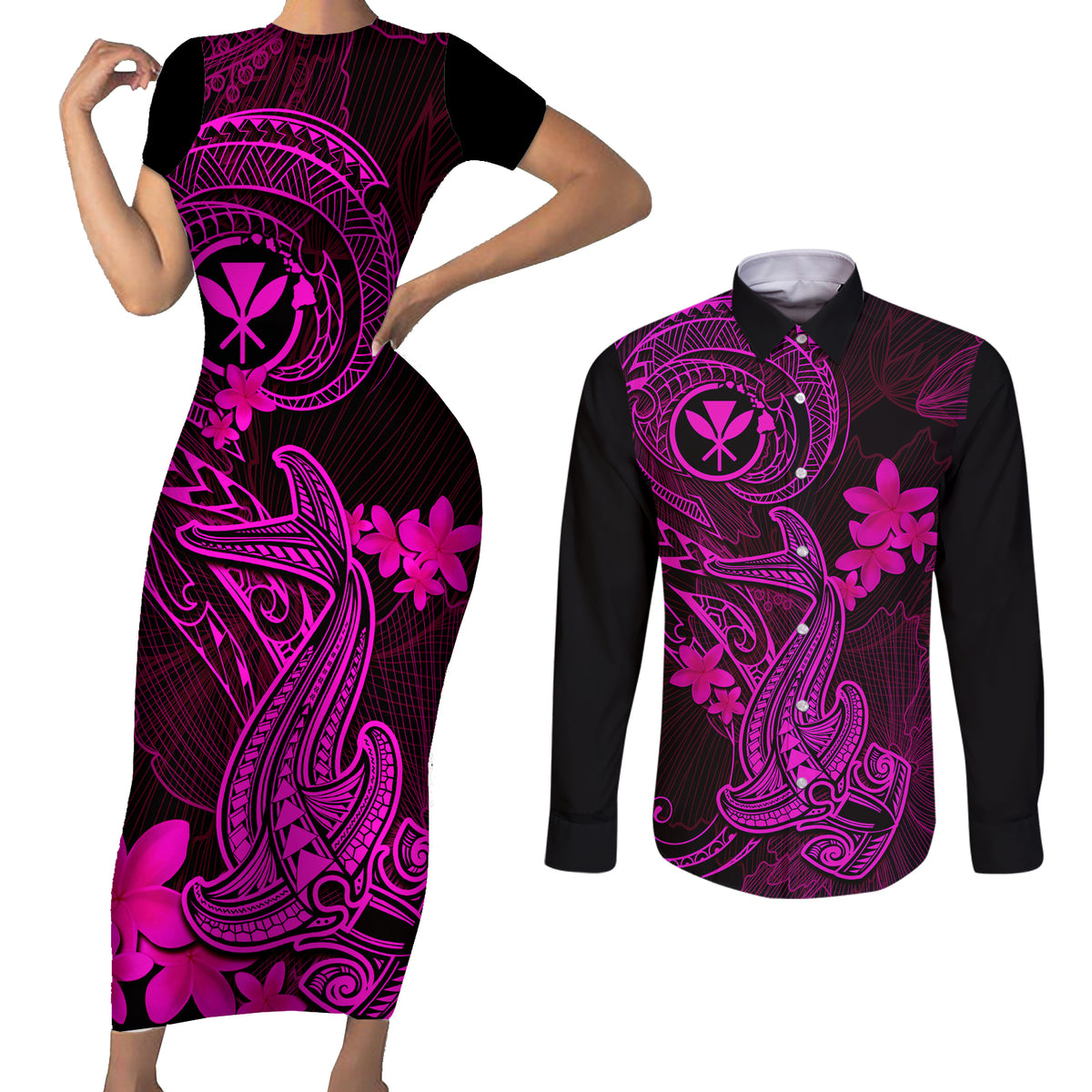 Hawaii Couples Matching Short Sleeve Bodycon Dress and Long Sleeve Button Shirts Hammerhead Shark Tattoo Mix Polynesian Plumeria Pink Version - Wonder Print Shop