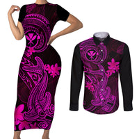 Hawaii Couples Matching Short Sleeve Bodycon Dress and Long Sleeve Button Shirts Hammerhead Shark Tattoo Mix Polynesian Plumeria Pink Version - Wonder Print Shop