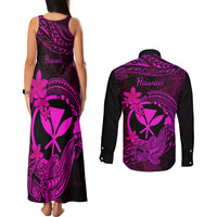Hawaii Couples Matching Tank Maxi Dress and Long Sleeve Button Shirts Hammerhead Shark Tattoo Mix Polynesian Plumeria Pink Version - Wonder Print Shop