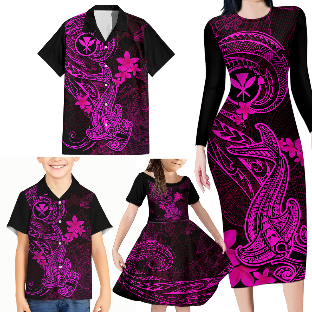Hawaii Family Matching Long Sleeve Bodycon Dress and Hawaiian Shirt Hammerhead Shark Tattoo Mix Polynesian Plumeria Pink Version - Wonder Print Shop