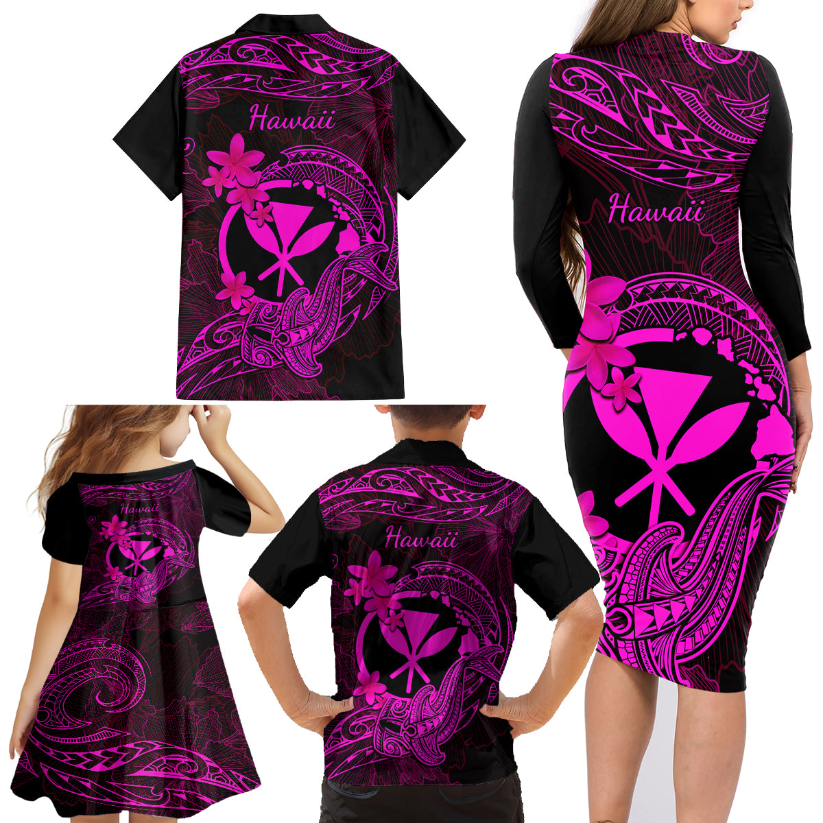 Hawaii Family Matching Long Sleeve Bodycon Dress and Hawaiian Shirt Hammerhead Shark Tattoo Mix Polynesian Plumeria Pink Version - Wonder Print Shop