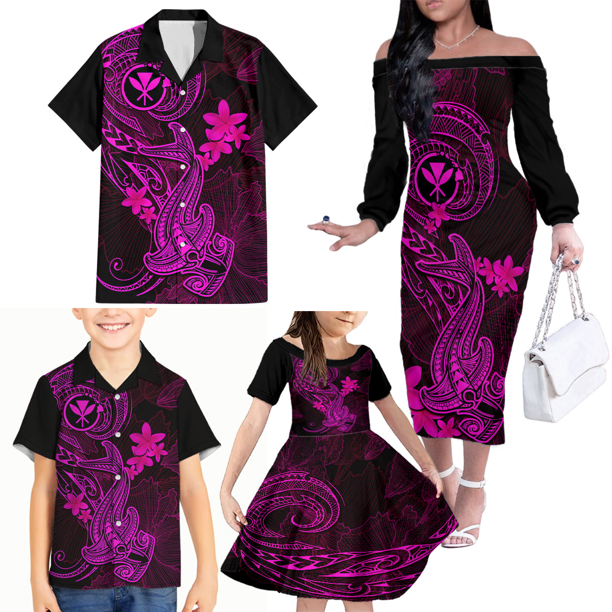 Hawaii Family Matching Off Shoulder Long Sleeve Dress and Hawaiian Shirt Hammerhead Shark Tattoo Mix Polynesian Plumeria Pink Version - Wonder Print Shop