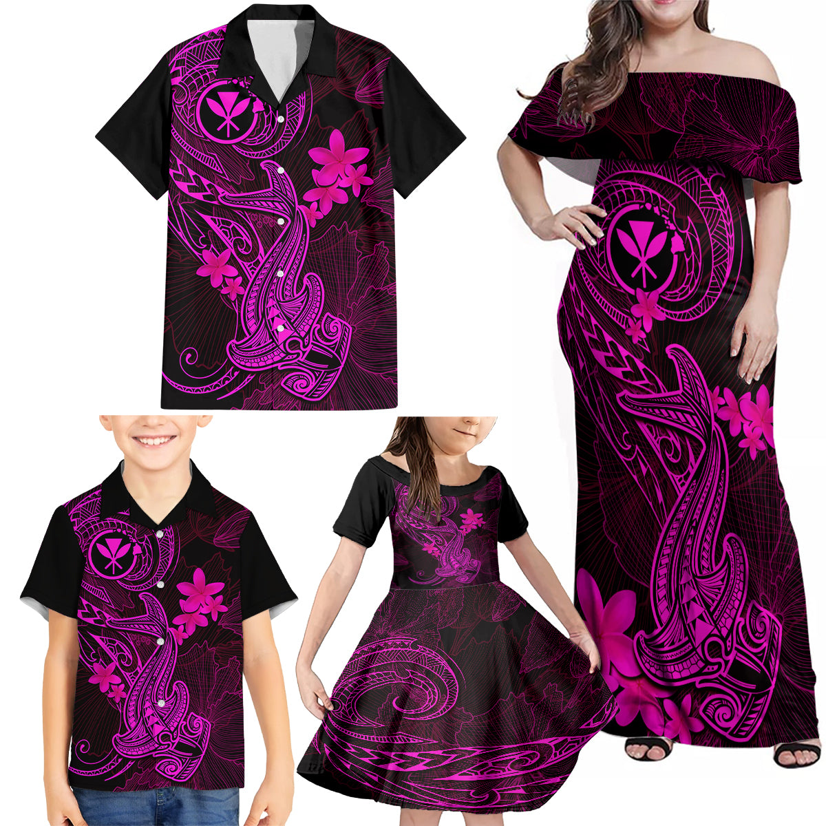 Hawaii Family Matching Off Shoulder Maxi Dress and Hawaiian Shirt Hammerhead Shark Tattoo Mix Polynesian Plumeria Pink Version - Wonder Print Shop