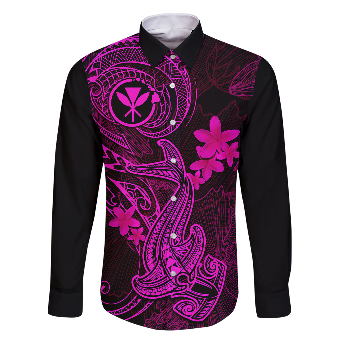 Hawaii Family Matching Puletasi Dress and Hawaiian Shirt Hammerhead Shark Tattoo Mix Polynesian Plumeria Pink Version - Wonder Print Shop