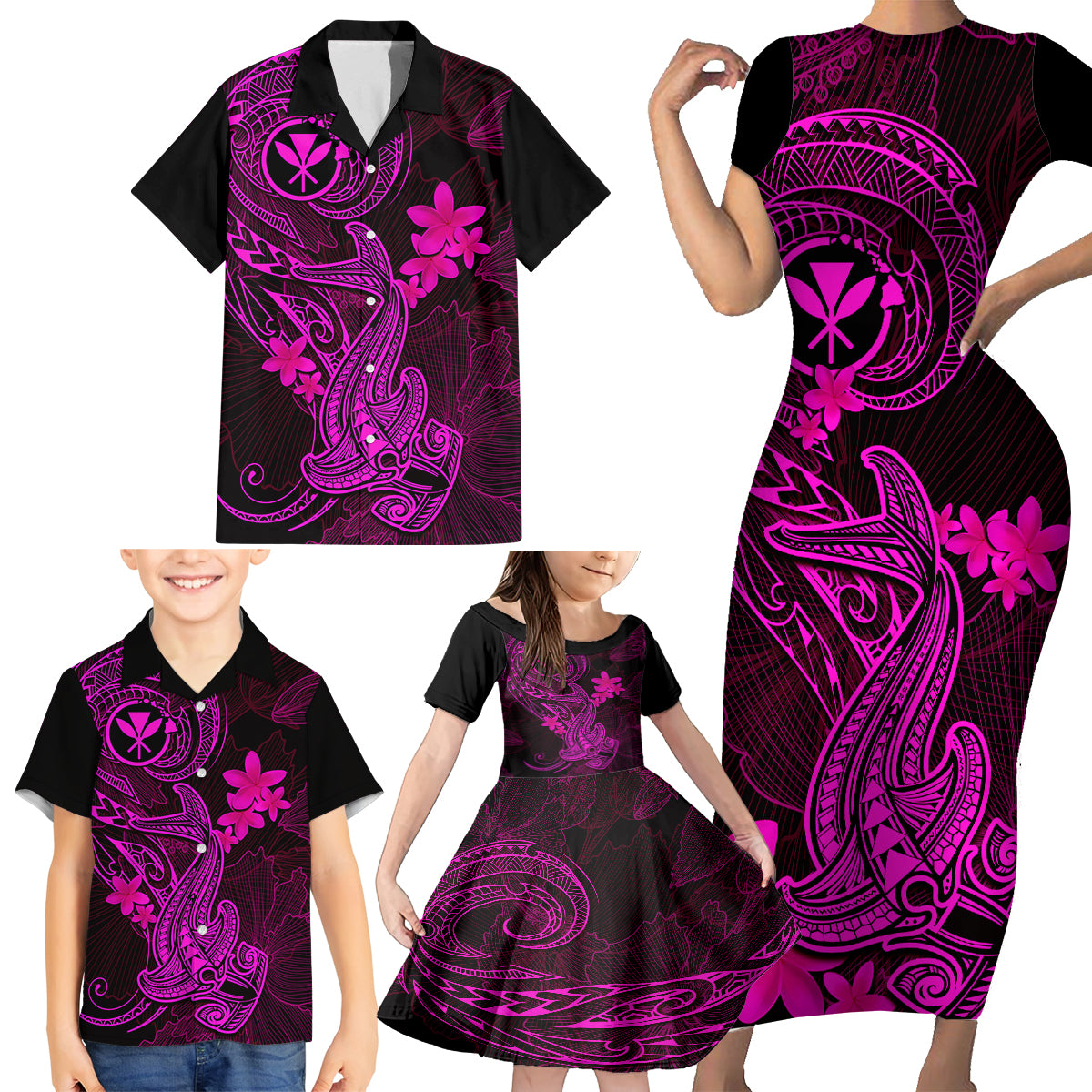 Hawaii Family Matching Short Sleeve Bodycon Dress and Hawaiian Shirt Hammerhead Shark Tattoo Mix Polynesian Plumeria Pink Version - Wonder Print Shop
