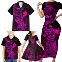 Hawaii Family Matching Short Sleeve Bodycon Dress and Hawaiian Shirt Hammerhead Shark Tattoo Mix Polynesian Plumeria Pink Version - Wonder Print Shop