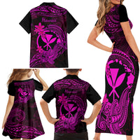 Hawaii Family Matching Short Sleeve Bodycon Dress and Hawaiian Shirt Hammerhead Shark Tattoo Mix Polynesian Plumeria Pink Version - Wonder Print Shop