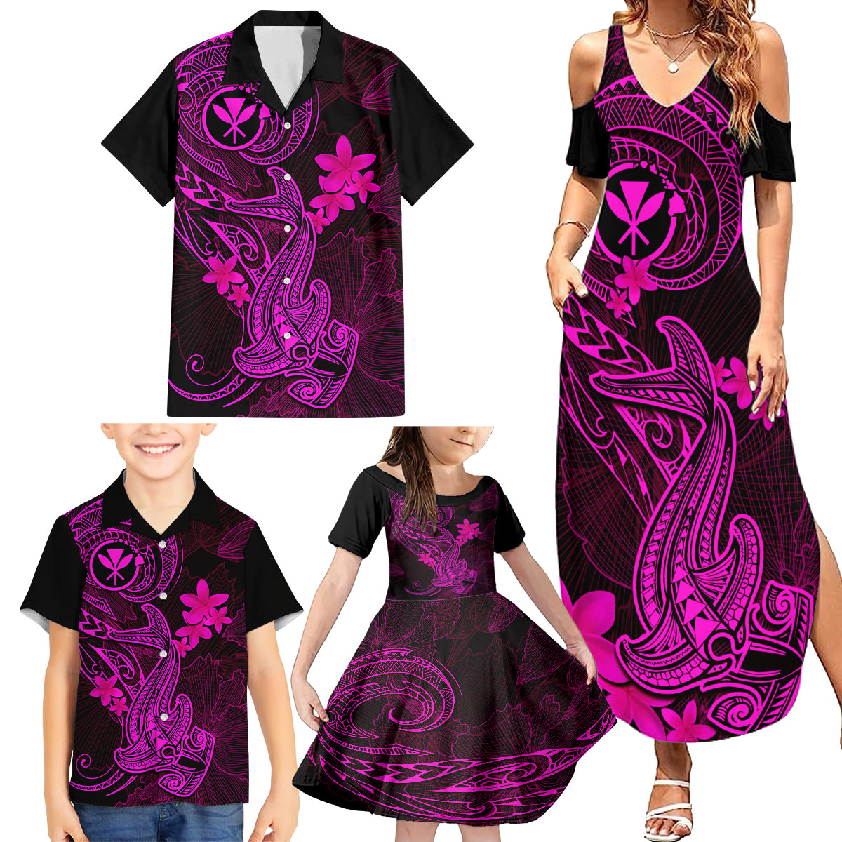 Hawaii Family Matching Summer Maxi Dress and Hawaiian Shirt Hammerhead Shark Tattoo Mix Polynesian Plumeria Pink Version - Wonder Print Shop