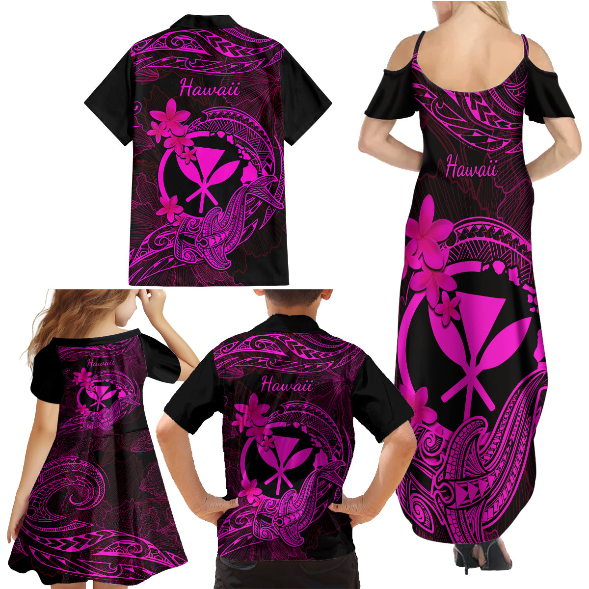 Hawaii Family Matching Summer Maxi Dress and Hawaiian Shirt Hammerhead Shark Tattoo Mix Polynesian Plumeria Pink Version - Wonder Print Shop