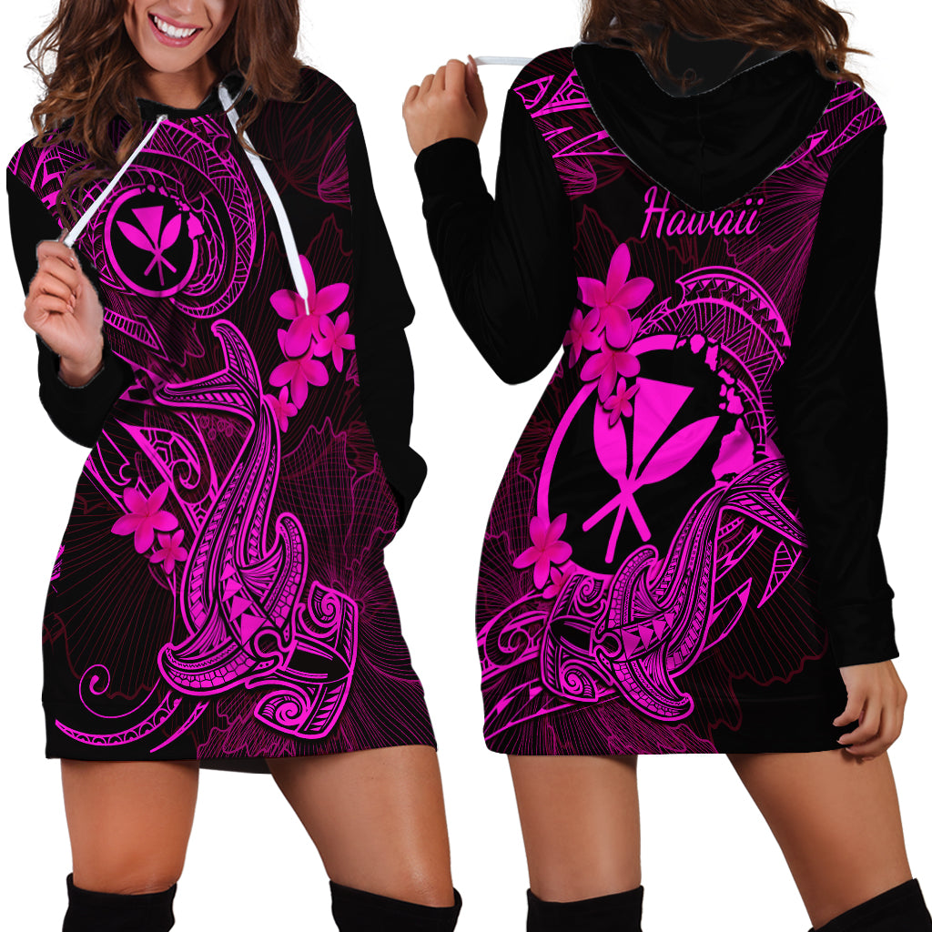 Hawaii Hoodie Dress Hammerhead Shark Tattoo Mix Polynesian Plumeria Pink Version - Wonder Print Shop