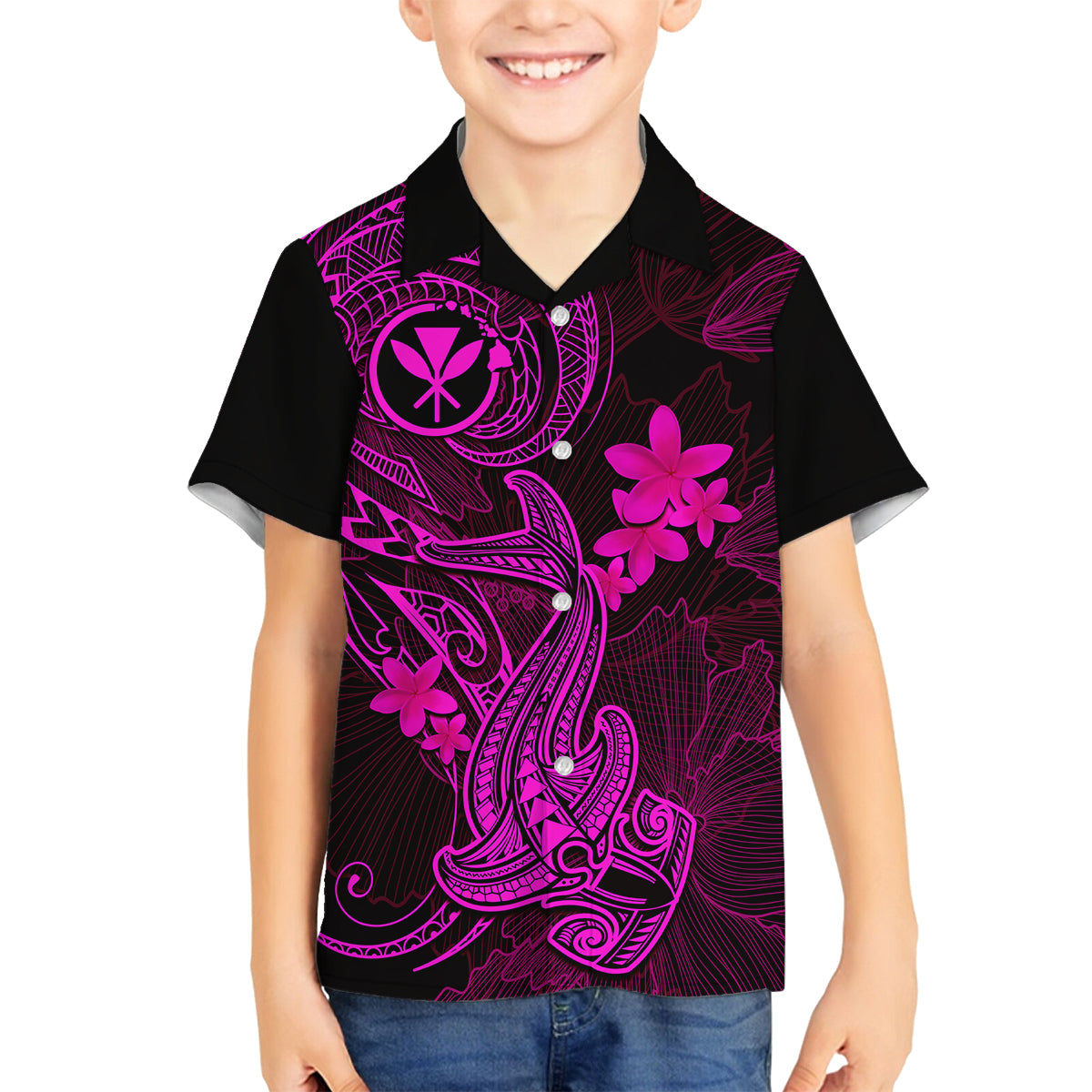 Hawaii Kid Hawaiian Shirt Hammerhead Shark Tattoo Mix Polynesian Plumeria Pink Version - Wonder Print Shop
