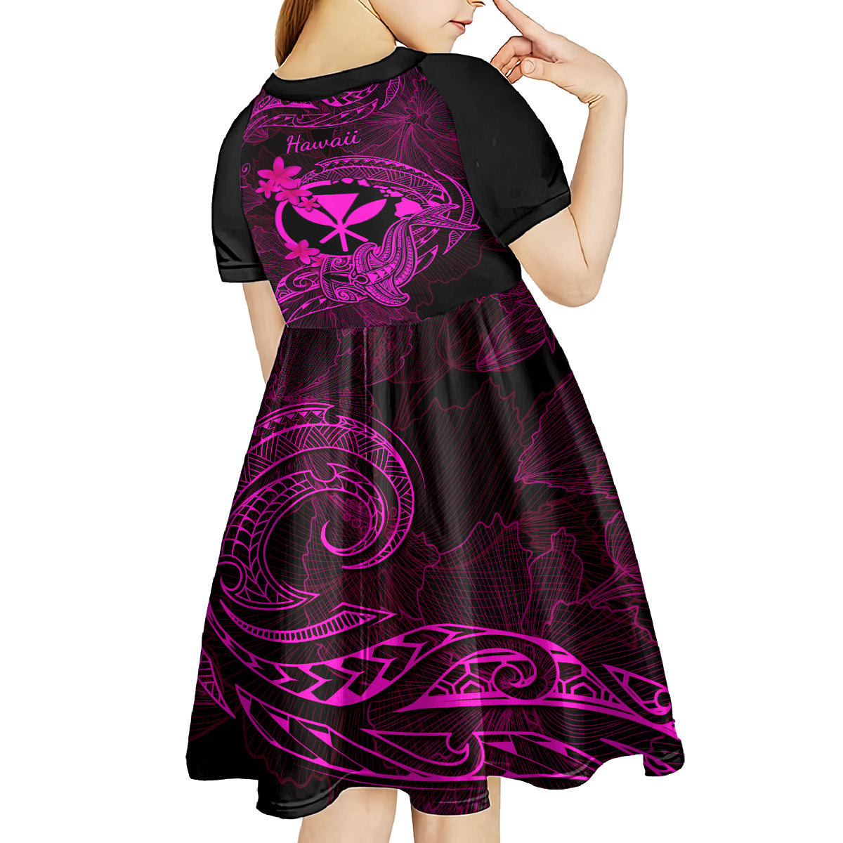 Hawaii Kid Short Sleeve Dress Hammerhead Shark Tattoo Mix Polynesian Plumeria Pink Version - Wonder Print Shop