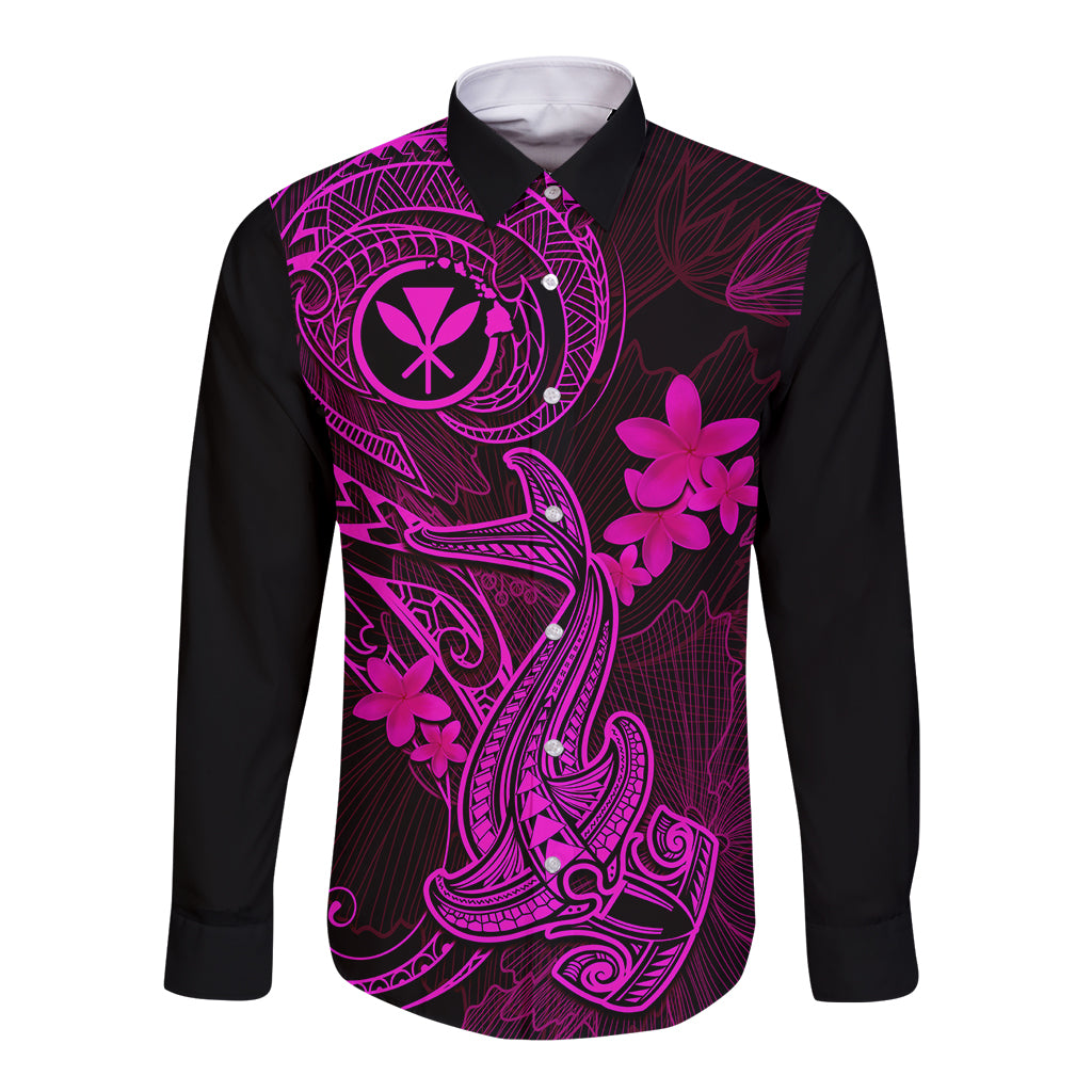 Hawaii Long Sleeve Button Shirt Hammerhead Shark Tattoo Mix Polynesian Plumeria Pink Version - Wonder Print Shop