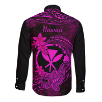 Hawaii Long Sleeve Button Shirt Hammerhead Shark Tattoo Mix Polynesian Plumeria Pink Version - Wonder Print Shop