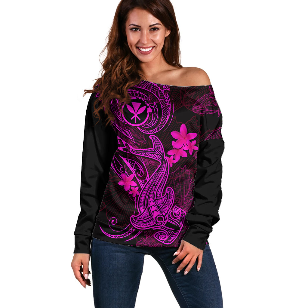 Hawaii Off Shoulder Sweater Hammerhead Shark Tattoo Mix Polynesian Plumeria Pink Version - Wonder Print Shop