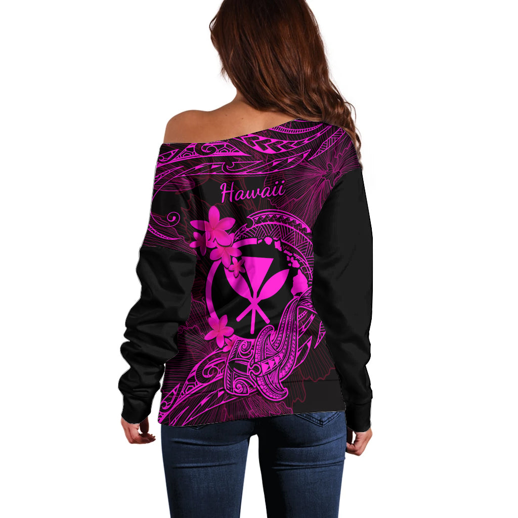 Hawaii Off Shoulder Sweater Hammerhead Shark Tattoo Mix Polynesian Plumeria Pink Version - Wonder Print Shop