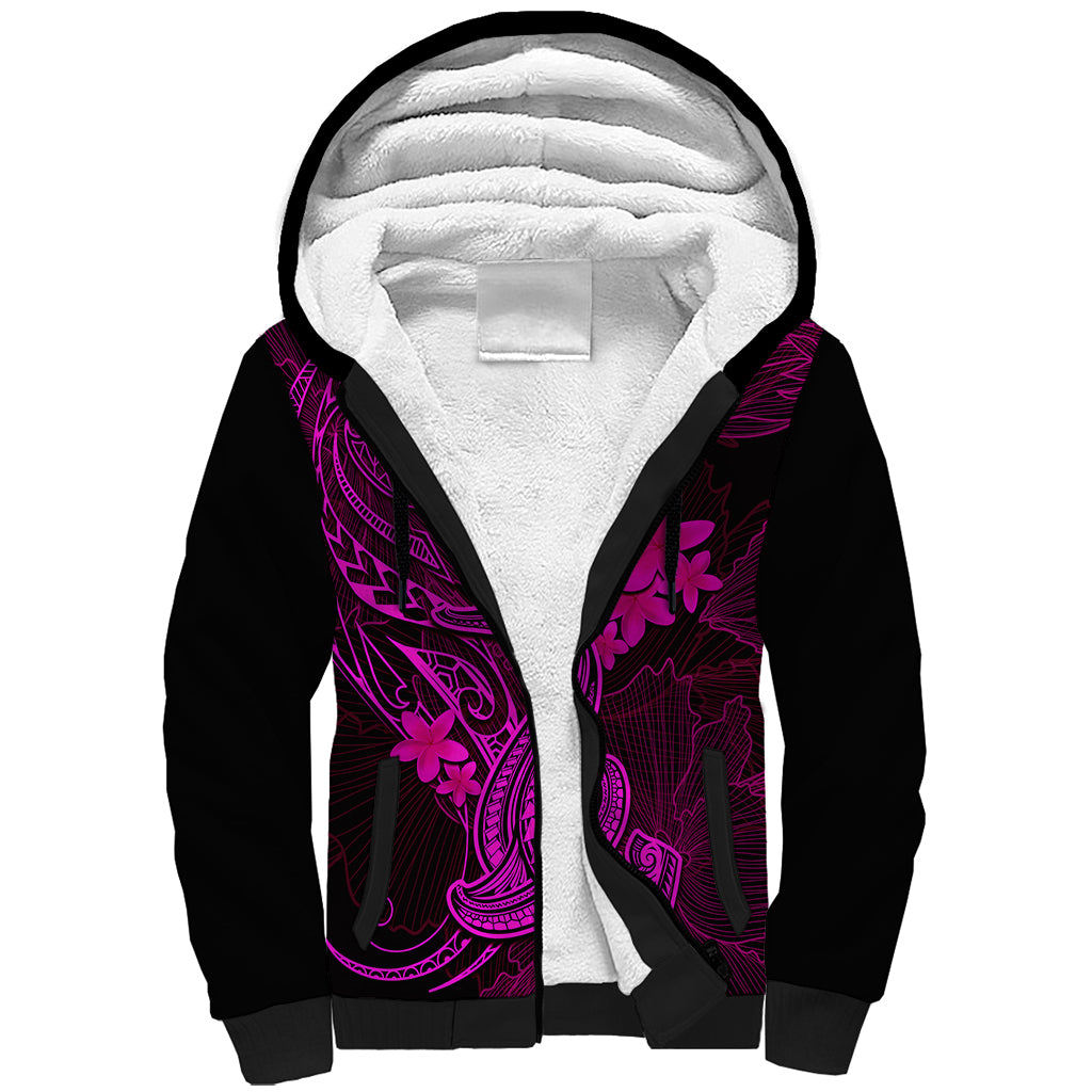 Hawaii Sherpa Hoodie Hammerhead Shark Tattoo Mix Polynesian Plumeria Pink Version - Wonder Print Shop