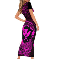 Hawaii Short Sleeve Bodycon Dress Hammerhead Shark Tattoo Mix Polynesian Plumeria Pink Version - Wonder Print Shop