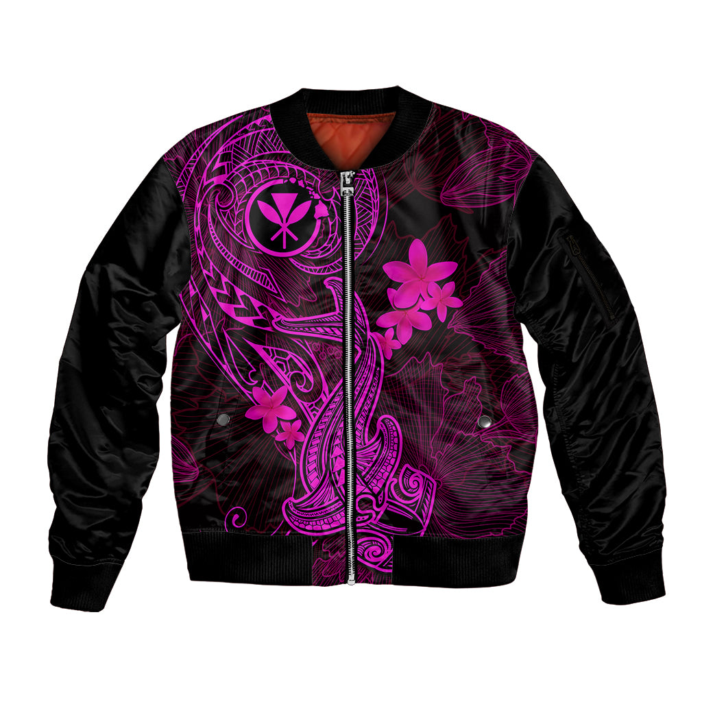 Hawaii Sleeve Zip Bomber Jacket Hammerhead Shark Tattoo Mix Polynesian Plumeria Pink Version - Wonder Print Shop