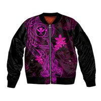Hawaii Sleeve Zip Bomber Jacket Hammerhead Shark Tattoo Mix Polynesian Plumeria Pink Version - Wonder Print Shop