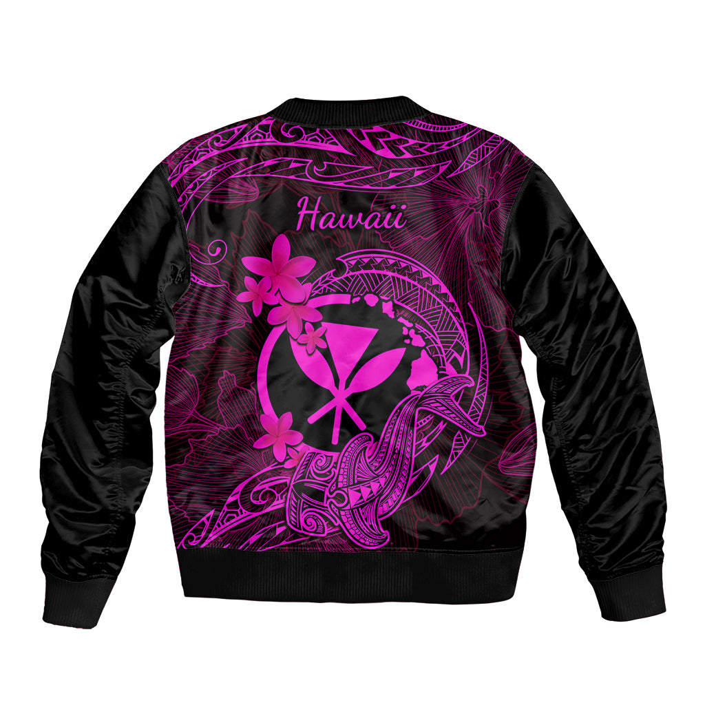 Hawaii Sleeve Zip Bomber Jacket Hammerhead Shark Tattoo Mix Polynesian Plumeria Pink Version - Wonder Print Shop