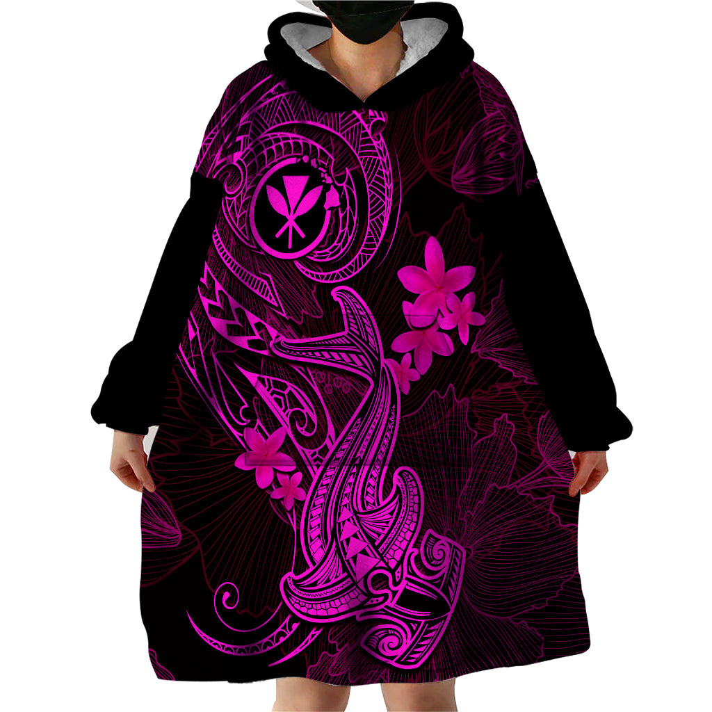 Hawaii Wearable Blanket Hoodie Hammerhead Shark Tattoo Mix Polynesian Plumeria Pink Version - Wonder Print Shop