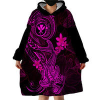 Hawaii Wearable Blanket Hoodie Hammerhead Shark Tattoo Mix Polynesian Plumeria Pink Version - Wonder Print Shop