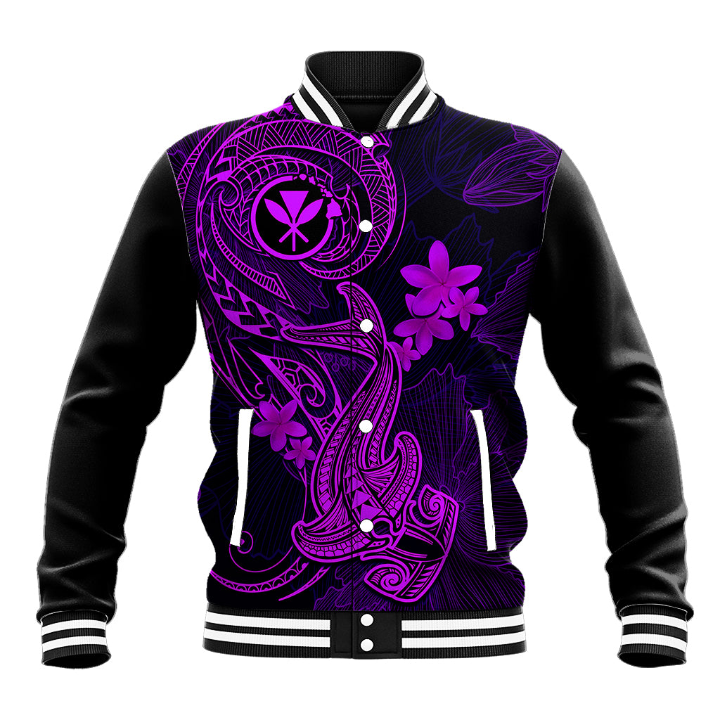 Hawaii Baseball Jacket Hammerhead Shark Tattoo Mix Polynesian Plumeria Purple Version - Wonder Print Shop