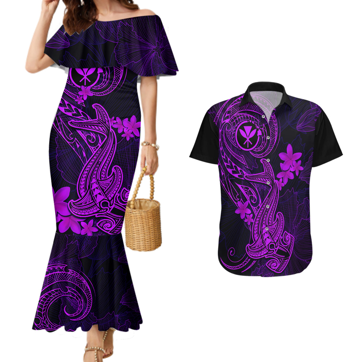 Hawaii Couples Matching Mermaid Dress and Hawaiian Shirt Hammerhead Shark Tattoo Mix Polynesian Plumeria Purple Version - Wonder Print Shop