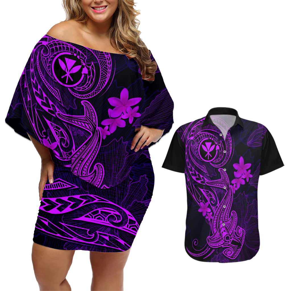 Hawaii Couples Matching Off Shoulder Short Dress and Hawaiian Shirt Hammerhead Shark Tattoo Mix Polynesian Plumeria Purple Version - Wonder Print Shop