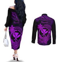 hawaii-couples-matching-off-the-shoulder-long-sleeve-dress-and-long-sleeve-button-shirts-hammerhead-shark-tattoo-mix-polynesian-plumeria-purple-version