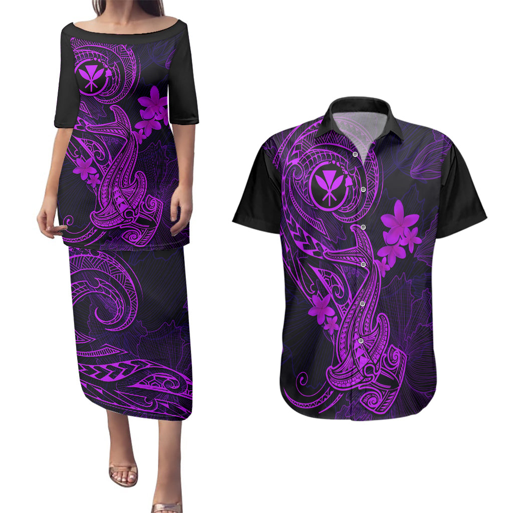 Hawaii Couples Matching Puletasi Dress and Hawaiian Shirt Hammerhead Shark Tattoo Mix Polynesian Plumeria Purple Version - Wonder Print Shop