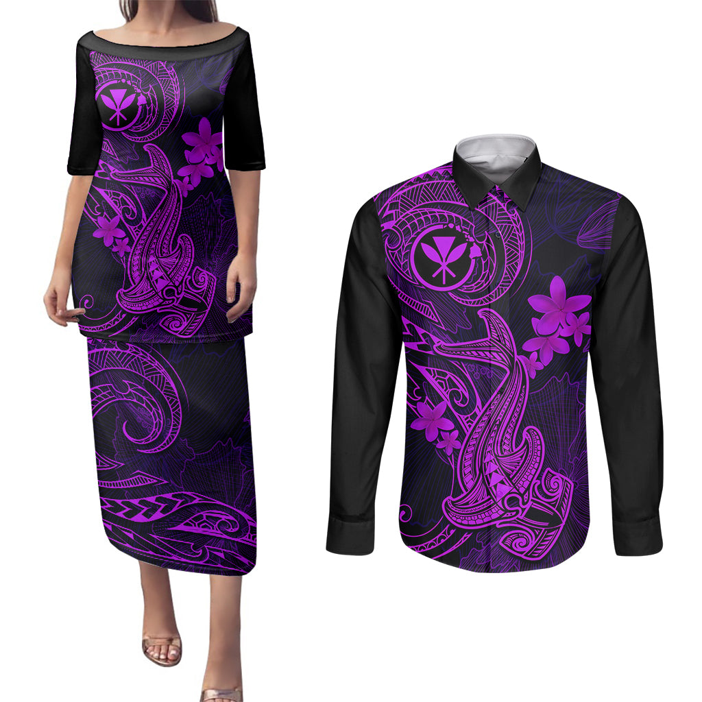 Hawaii Couples Matching Puletasi Dress and Long Sleeve Button Shirts Hammerhead Shark Tattoo Mix Polynesian Plumeria Purple Version - Wonder Print Shop