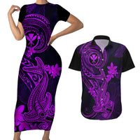 Hawaii Couples Matching Short Sleeve Bodycon Dress and Hawaiian Shirt Hammerhead Shark Tattoo Mix Polynesian Plumeria Purple Version - Wonder Print Shop
