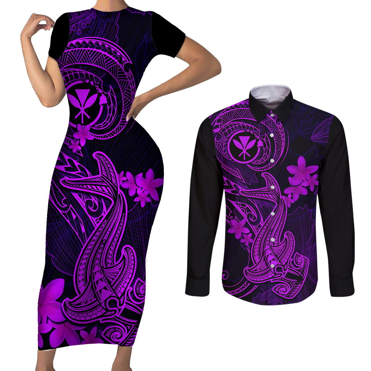 Hawaii Couples Matching Short Sleeve Bodycon Dress and Long Sleeve Button Shirts Hammerhead Shark Tattoo Mix Polynesian Plumeria Purple Version - Wonder Print Shop