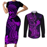 Hawaii Couples Matching Short Sleeve Bodycon Dress and Long Sleeve Button Shirts Hammerhead Shark Tattoo Mix Polynesian Plumeria Purple Version - Wonder Print Shop