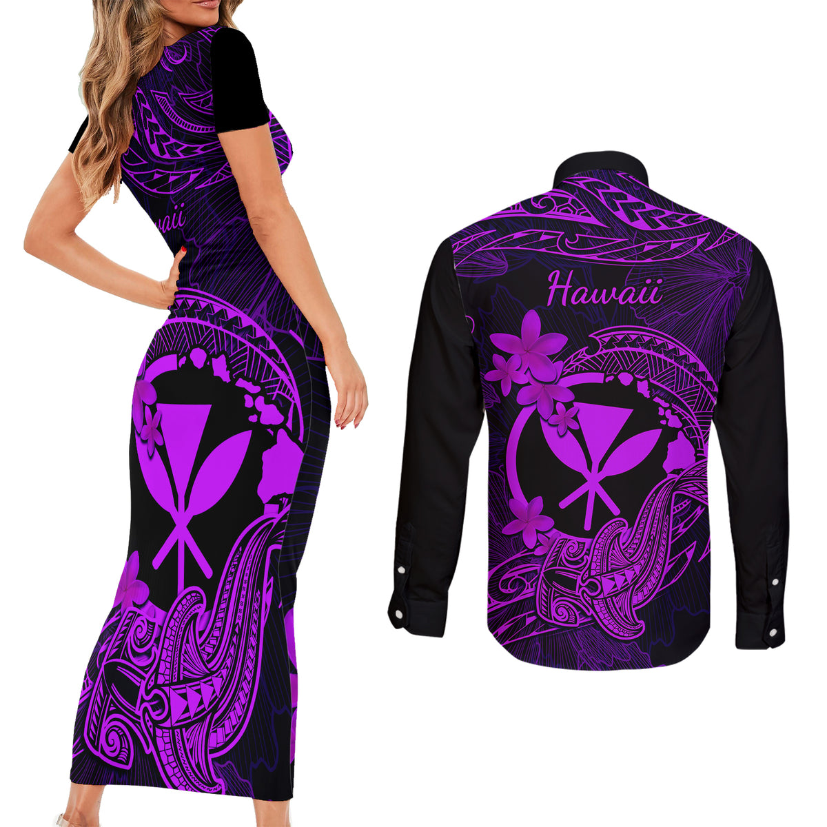 Hawaii Couples Matching Short Sleeve Bodycon Dress and Long Sleeve Button Shirts Hammerhead Shark Tattoo Mix Polynesian Plumeria Purple Version - Wonder Print Shop