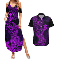 Hawaii Couples Matching Summer Maxi Dress and Hawaiian Shirt Hammerhead Shark Tattoo Mix Polynesian Plumeria Purple Version - Wonder Print Shop