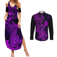 Hawaii Couples Matching Summer Maxi Dress and Long Sleeve Button Shirts Hammerhead Shark Tattoo Mix Polynesian Plumeria Purple Version - Wonder Print Shop