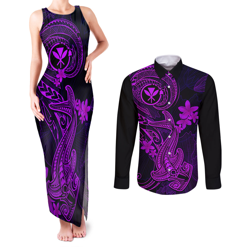 Hawaii Couples Matching Tank Maxi Dress and Long Sleeve Button Shirts Hammerhead Shark Tattoo Mix Polynesian Plumeria Purple Version - Wonder Print Shop