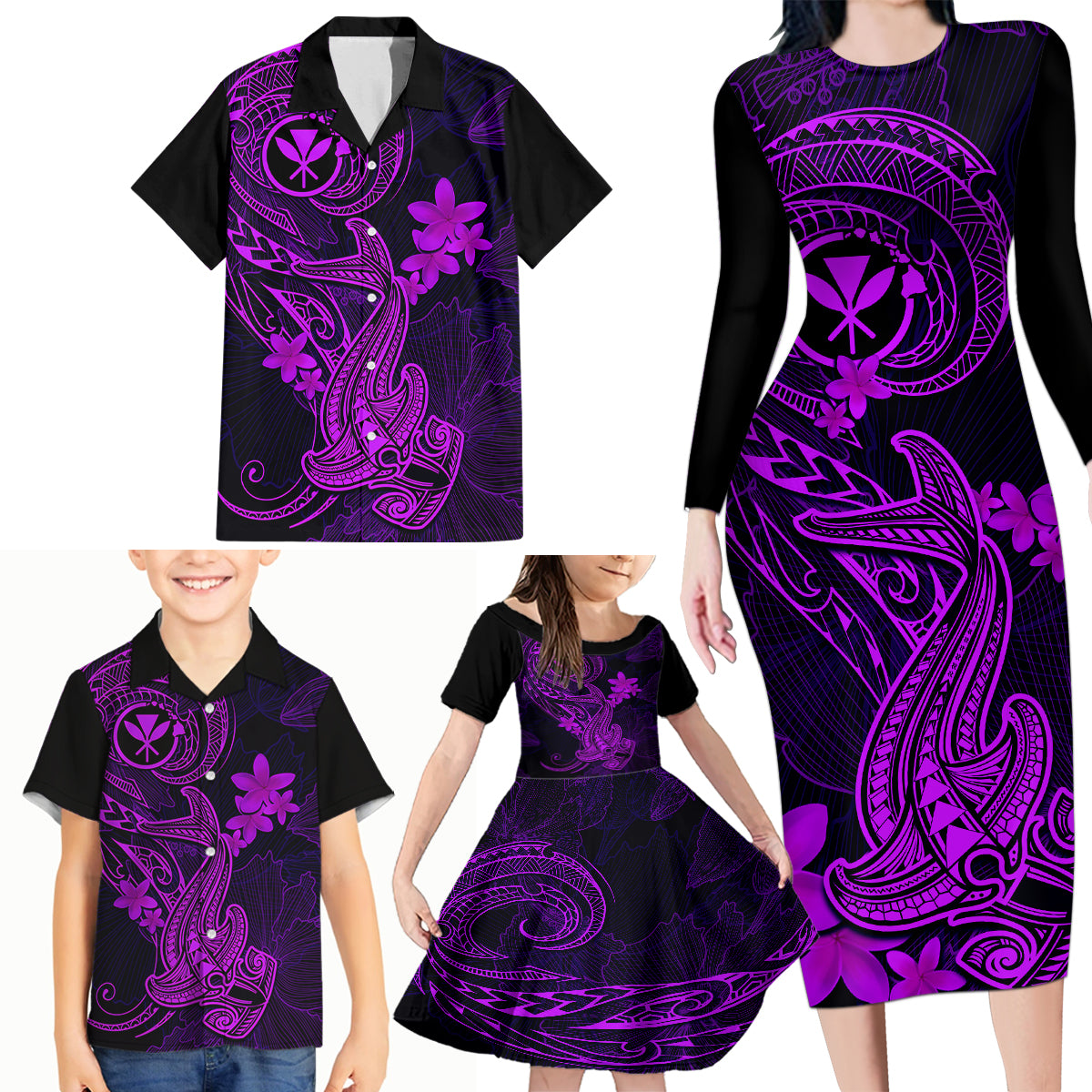 Hawaii Family Matching Long Sleeve Bodycon Dress and Hawaiian Shirt Hammerhead Shark Tattoo Mix Polynesian Plumeria Purple Version - Wonder Print Shop