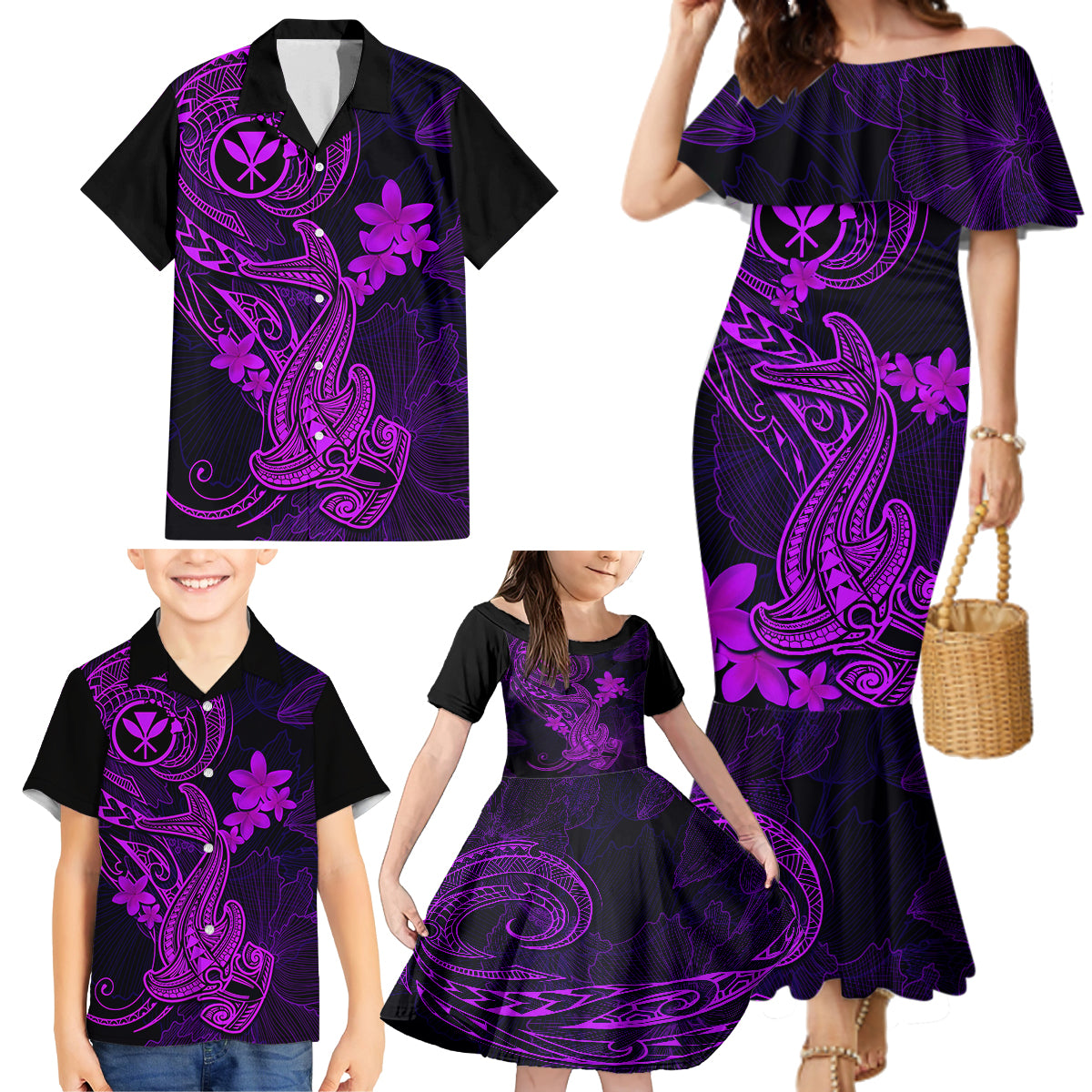 Hawaii Family Matching Mermaid Dress and Hawaiian Shirt Hammerhead Shark Tattoo Mix Polynesian Plumeria Purple Version - Wonder Print Shop