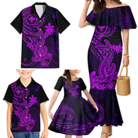 Hawaii Family Matching Mermaid Dress and Hawaiian Shirt Hammerhead Shark Tattoo Mix Polynesian Plumeria Purple Version - Wonder Print Shop